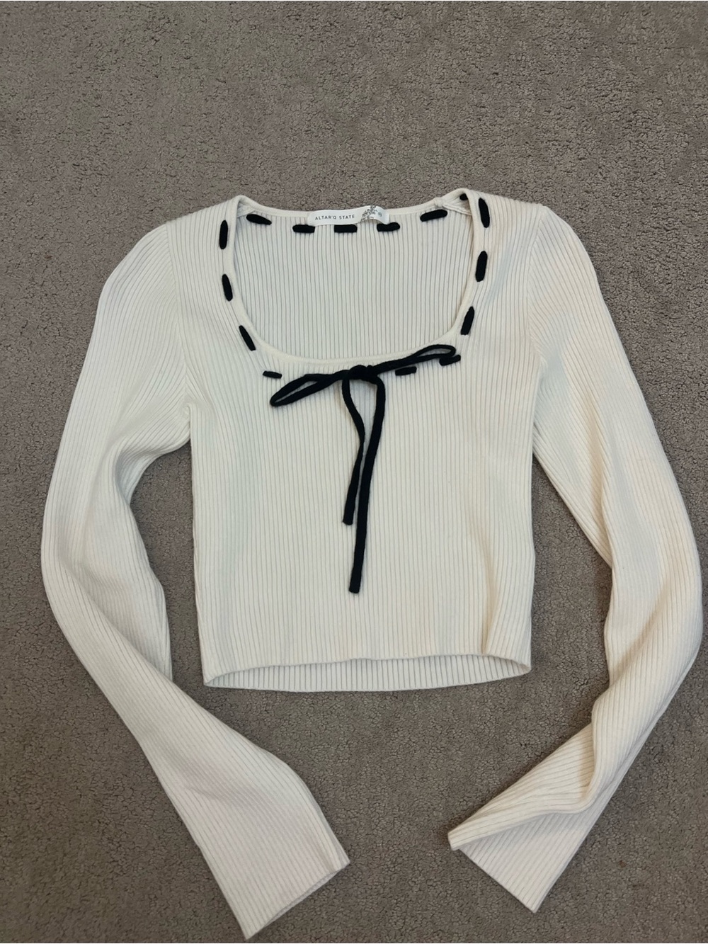 Altar'd State Cream Ribbed Long-Sleeve Crop Top with Black Tie